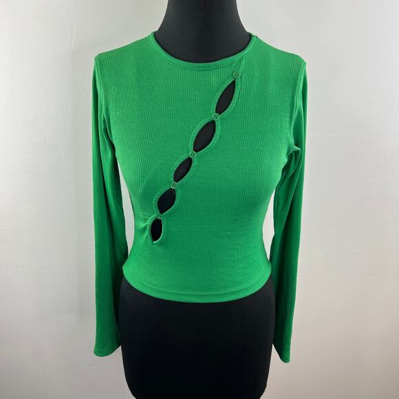 NASTY GAL Green Diagonal Cut Out Ribbed Knit Long Sleeve Top Fitted Night Out 4 - Picture 3 of 8
